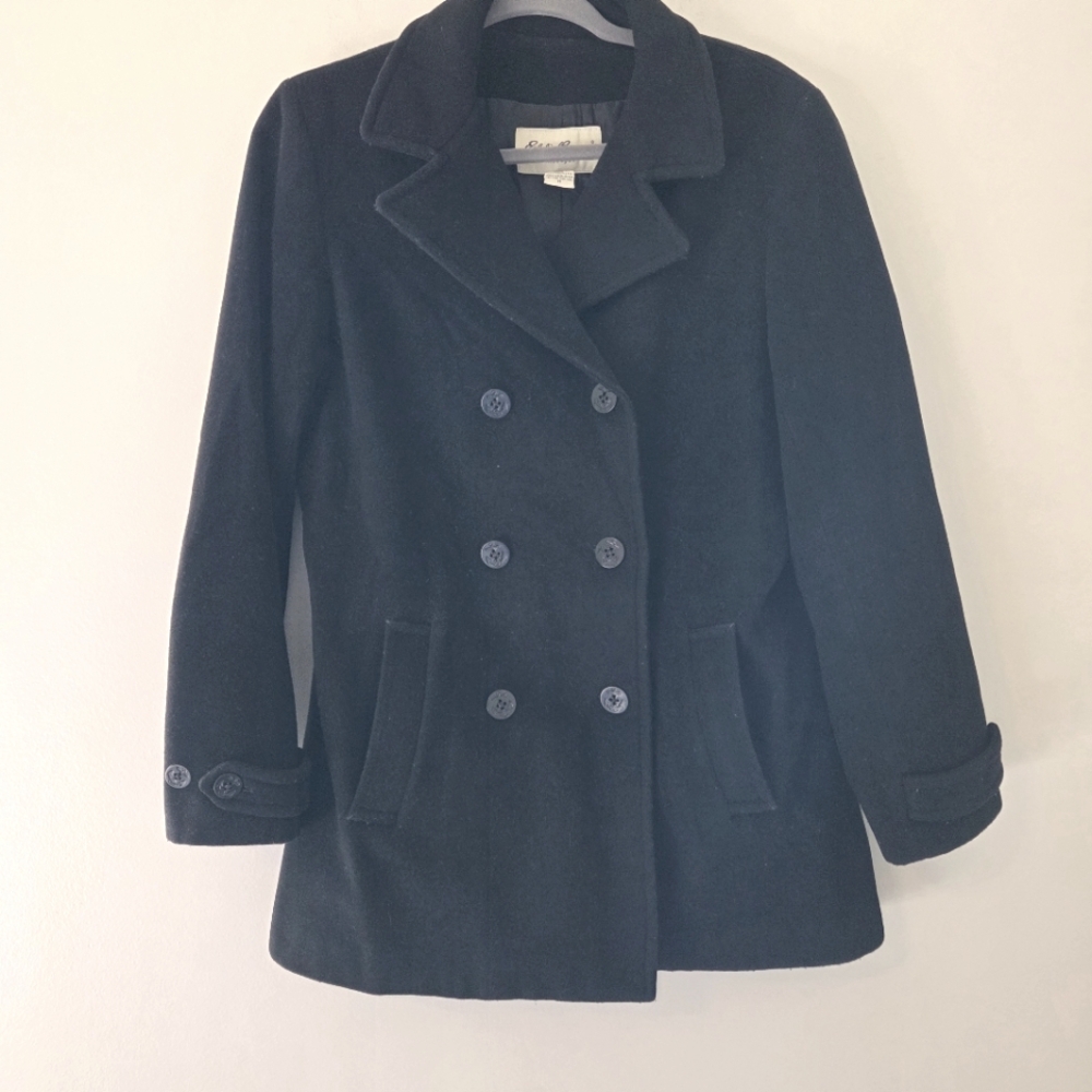 Eddie Bauer Black Wool Cashmere Blend Double Breasted Pea Coat